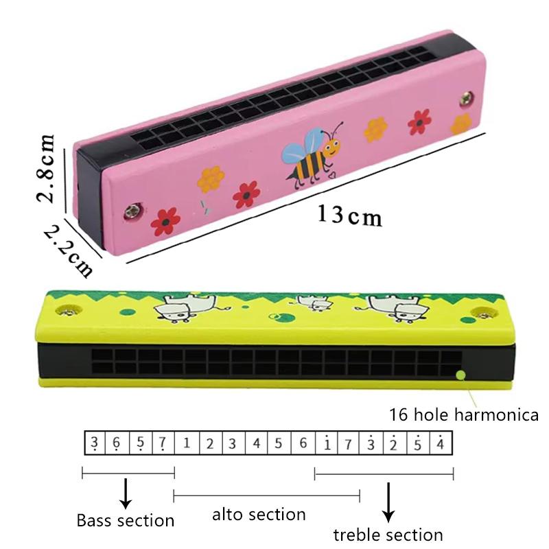 1PC Multicolored Mouth Organ Cute Cartoon Wooden Harmonica 16-Hole Musical Instruments Beginners Suitable Woodwind Harmonica ZYF