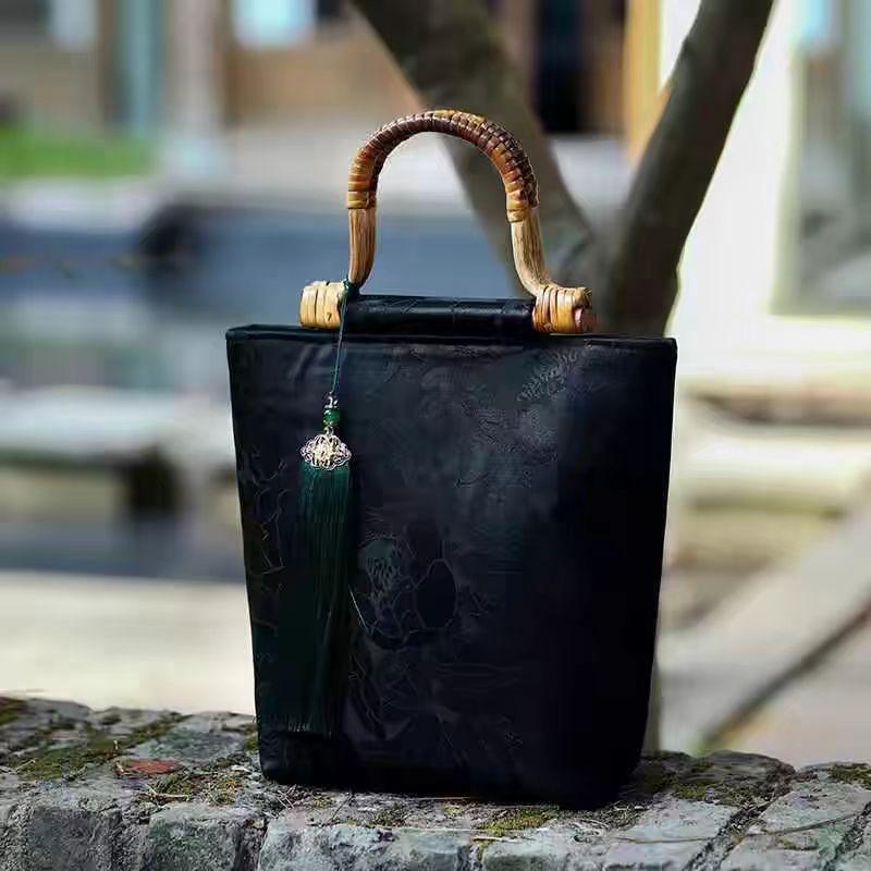 New Chinese Style and New Chinese Style Bag with Large Capacity Bamboo Handle, Fragrant Cloud Yarn, Retro Style Hanfu Qipao, Hand-held Bag