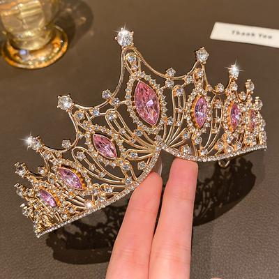 Üst Düzey Kristal Taç Tiara - 1 Pembe Prenses Saç Tokası Saç Aksesuarları - Doğum Günü Hediyesi