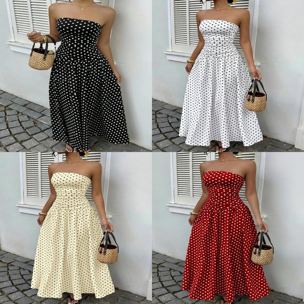 Ärmelloses High-Neck-Langkleid mit Wellenpunktmuster und Rüschensaum für Büro und Alltag