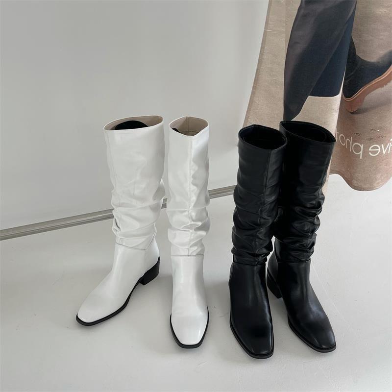2025 Autumn and Winter Retro Square Head Sleeve Boots Western Boots Knight Boots Women's Foreign Gas High Tube Pleated Knee Boots Thick Heel