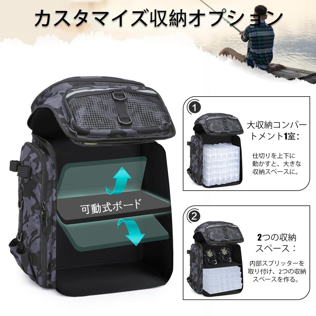 Fishing Backpack with Rod Holders - 45L Large Waterproof Fishing Bag for Outdoor Camping and Hiking (Black Blue Camouflage)