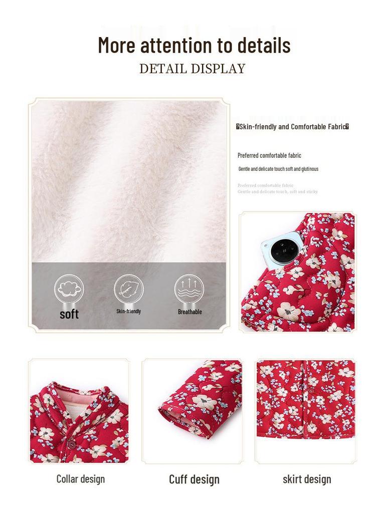 Floral Plus-Size Women's Cotton Jacket with Velvet Lining - Warm and Loose for Autumn/Winter