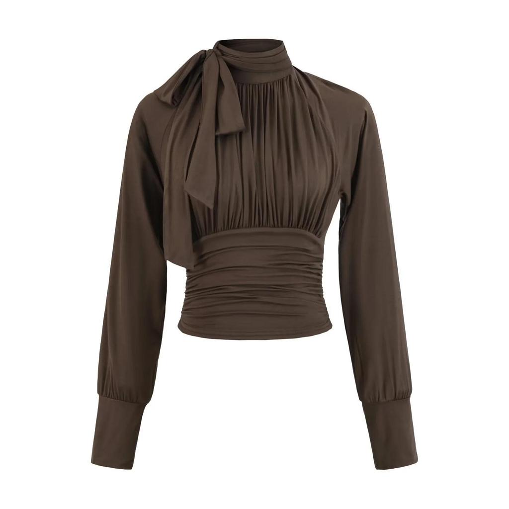 Women's French Retro Tie-Up Slim Fit Cropped Shirt - Stand Collar, Long Sleeve, High Waist (Spring/Autumn)