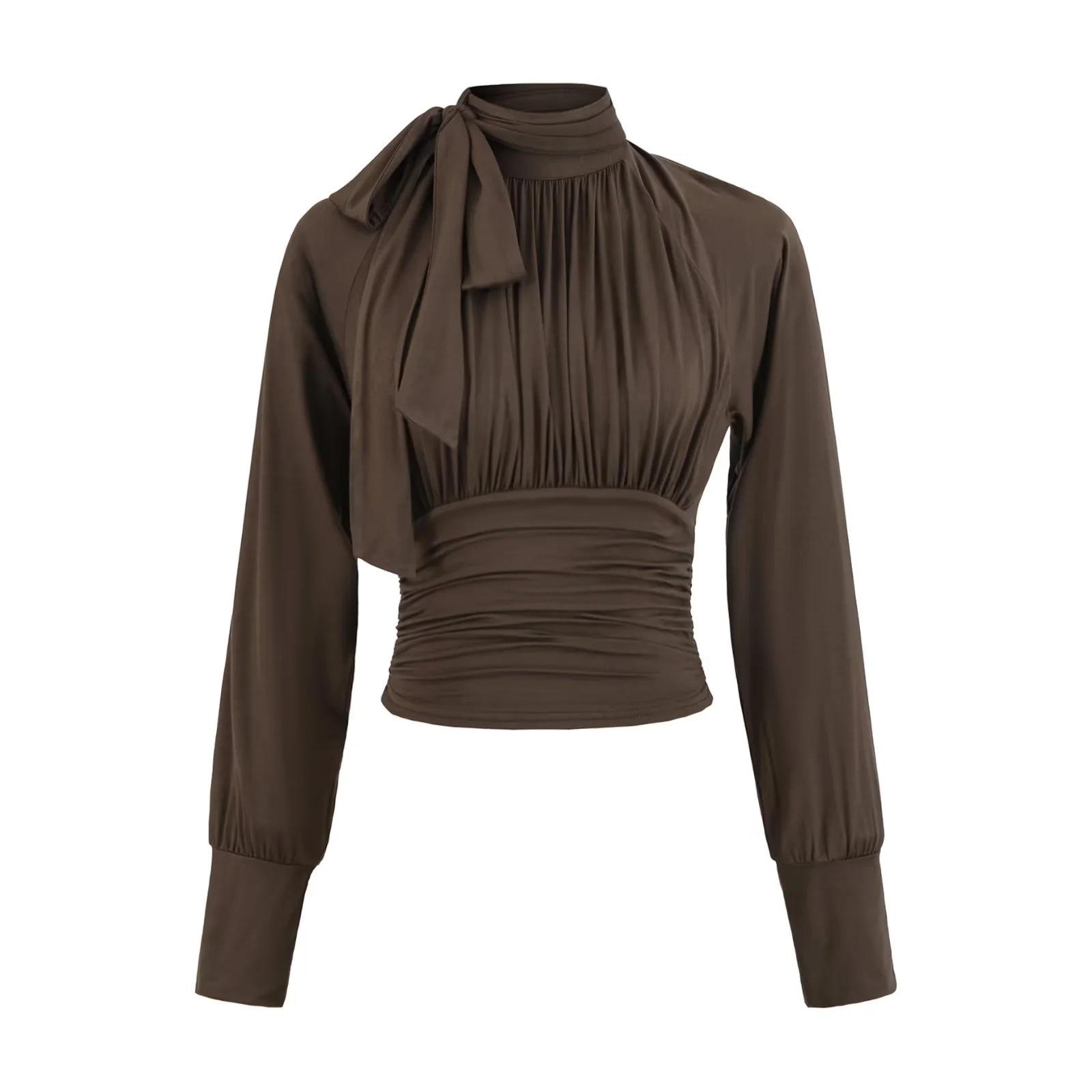 

European Spicy Girl Stand Collar Ribbon Pleated Long Sleeve Waist-Cinching Cropped Top Medium