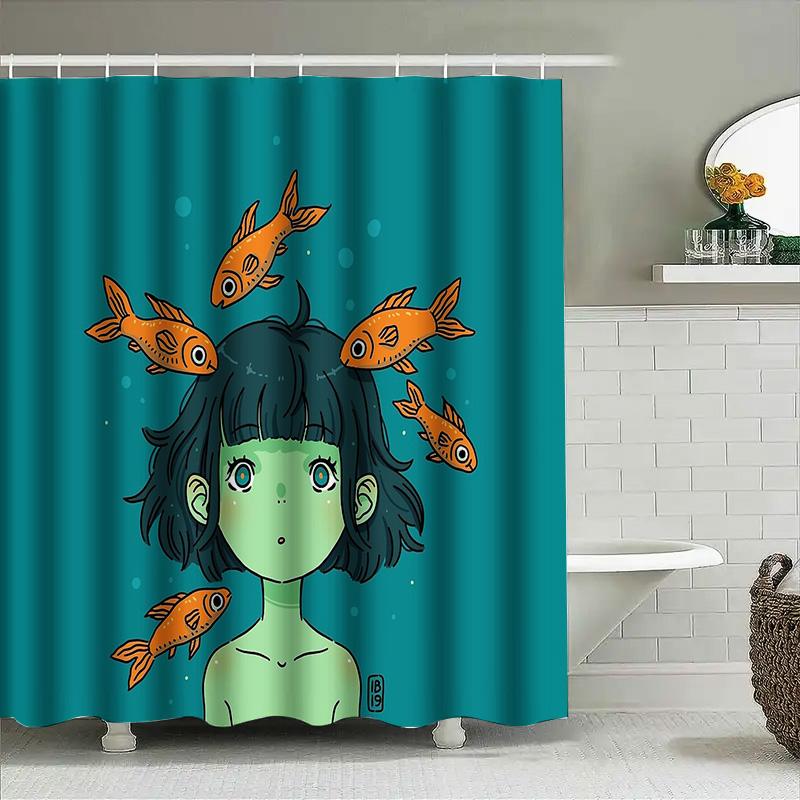 Anime Girl Shower Curtain Cute Manga Decor Japanese Kawaii Room Divider Backdrop Washroom Artistic Print Home Textile Gift