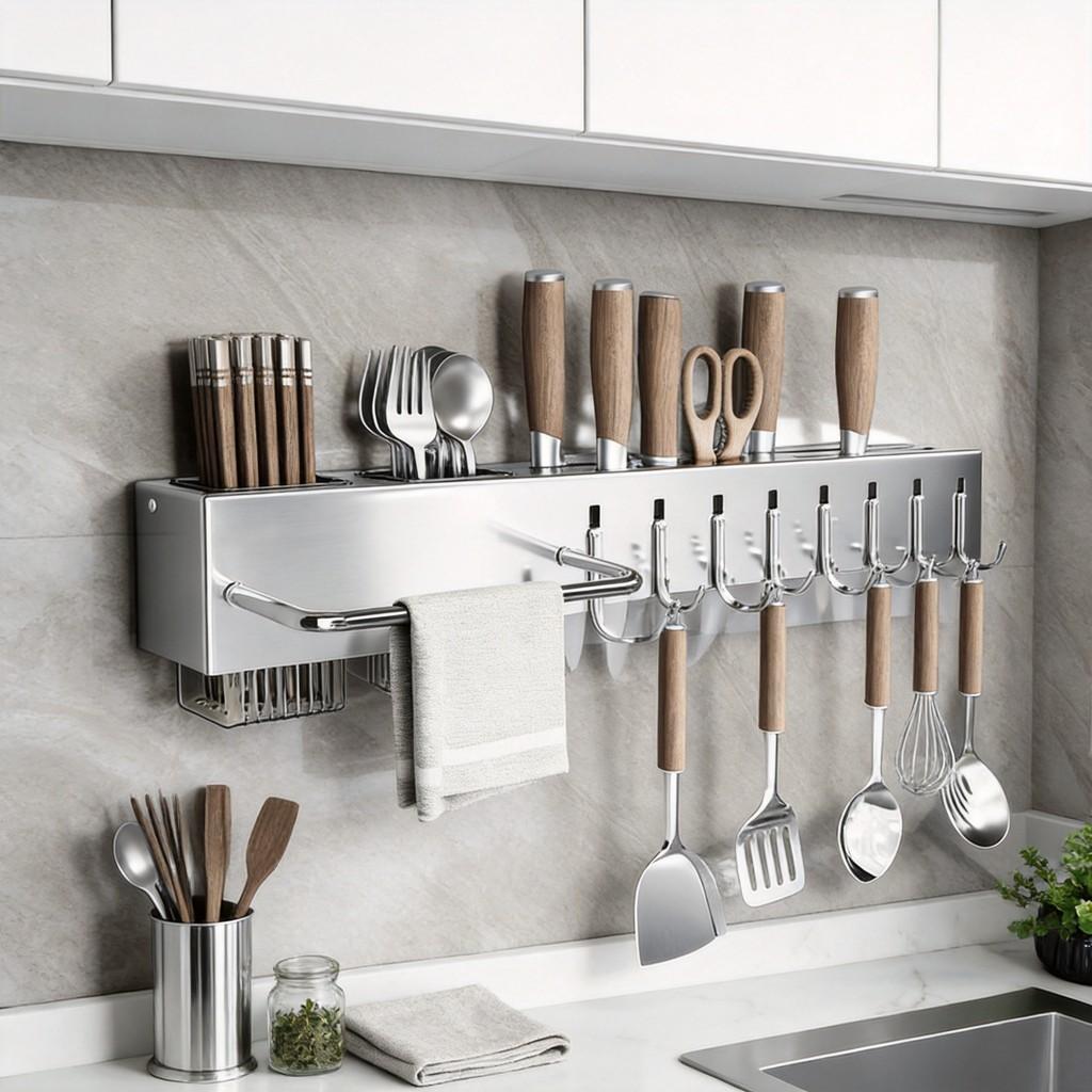 Stainless Steel Wall Mount Kitchen Utensil Organizer With Multiple Hooks For Home Storage
