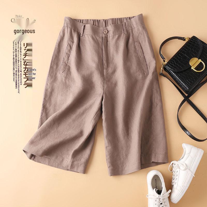 Women's Cotton Linen High Waist Wide-Leg Shorts - Summer Semi-Elastic Casual Five-Point Pants