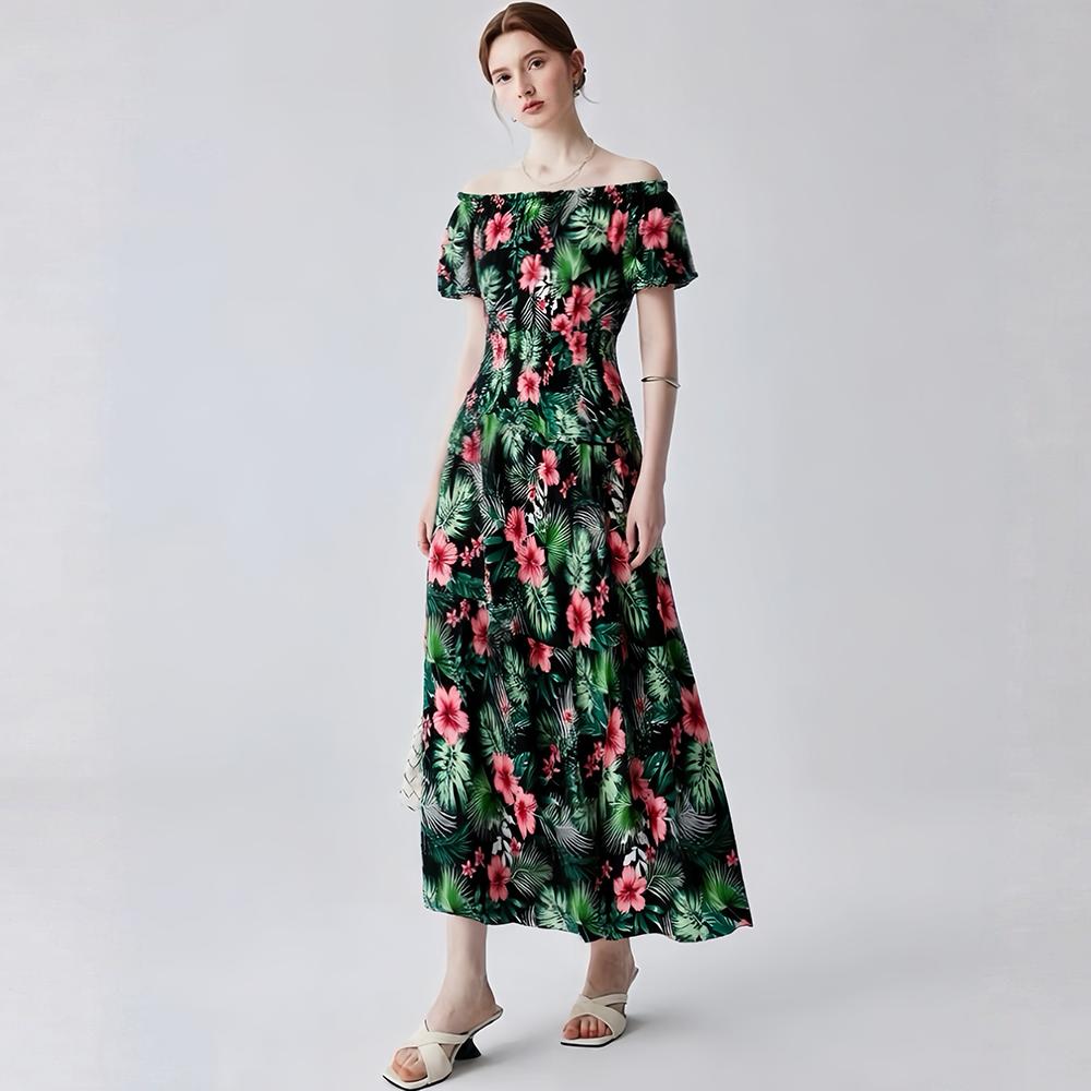 Bohemian Cotton-Silk Floral Printted Off-the-Shoulder French-Style Summer Dress for Women Ethnic-Style Elastic Waistband Pleayed Long Dress