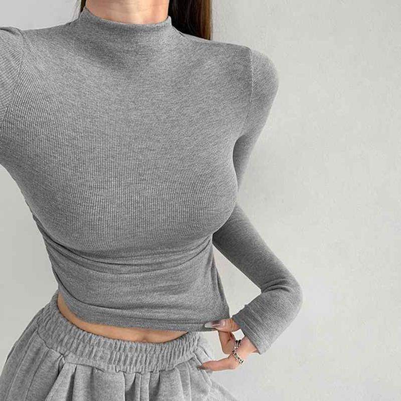 Ins Half High Neck Pleated Knitted Bottoming Shirts Women Stretchy Slim Thin Short Section Inside Long Sleeve Jumper Tops