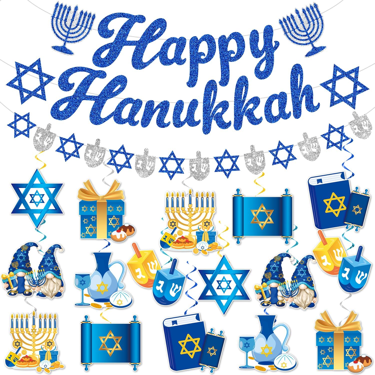 Hanukkah Decorations, NO-DIY Chanukah Party Decor includes Happy Hanukkah Banner and Chanukah Decorations Hanging Swirls for Outdoor Indoor