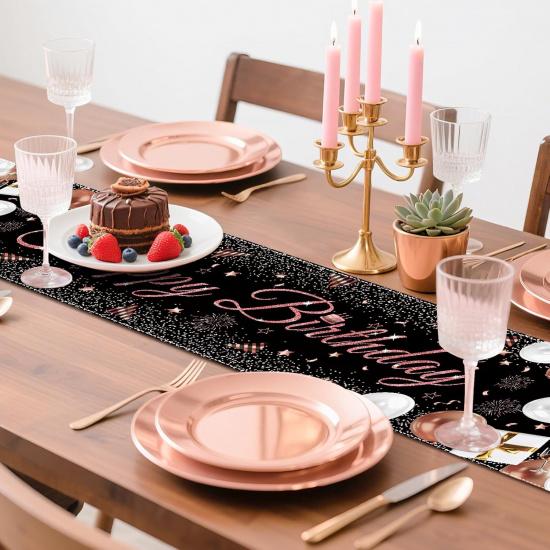 Happy Birthday Table Runner, Black and Rose Gold Party Decoration, 72 x 13 inches, Balloon and Firework Design