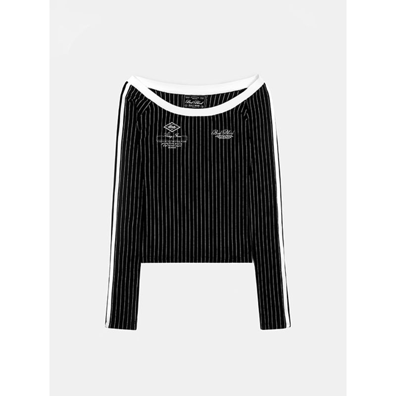 South korea Badblood American vintage Stripe T-shirt Women Pure Desire Slim fit Long sleeve Niche off-Shoulder Slimming Top