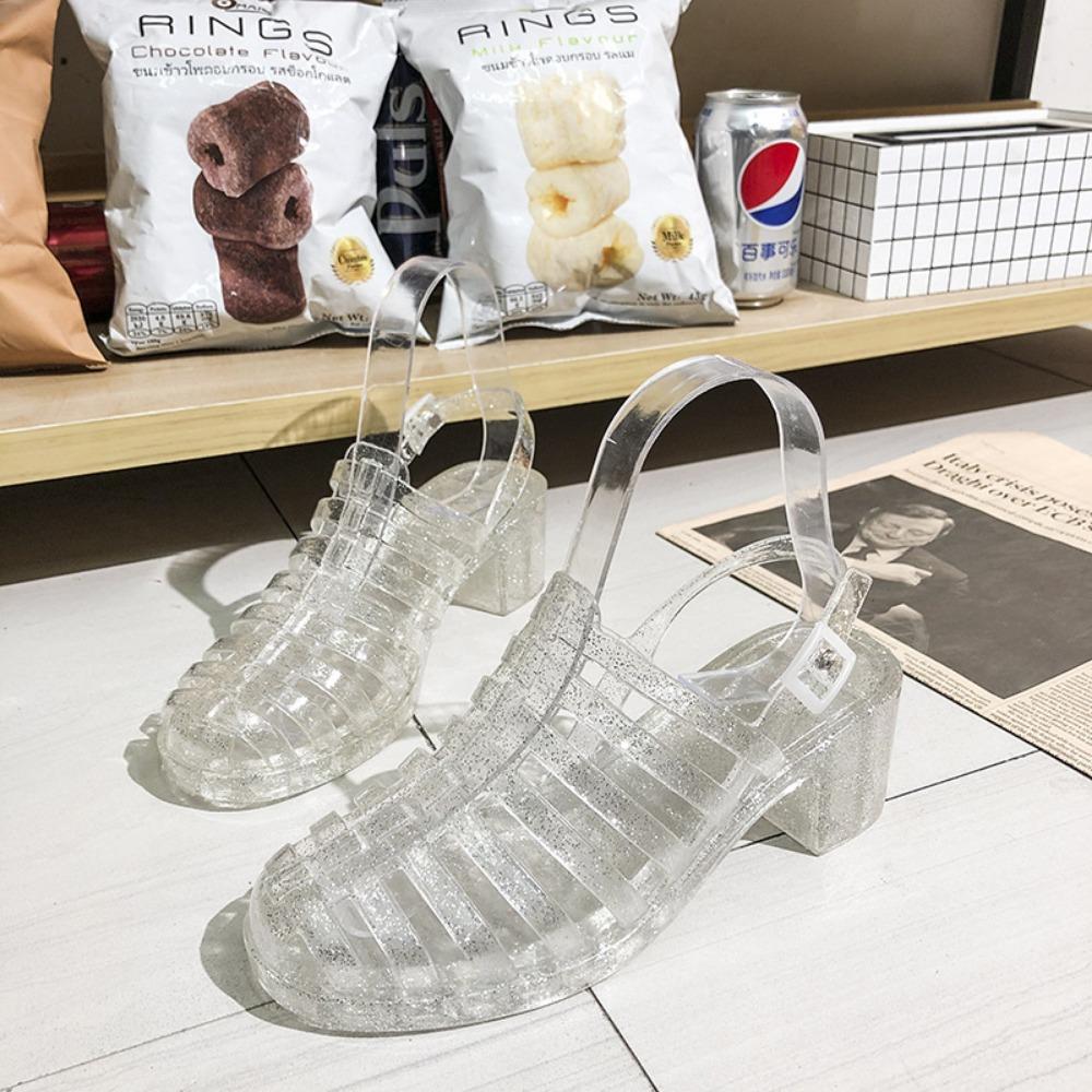 Fashion Korean Jelly Women's Sandals Summer Students Transparent Crystal Plastic High Heels Roman Anti Slip Baotou Beach Hole Shoe Women