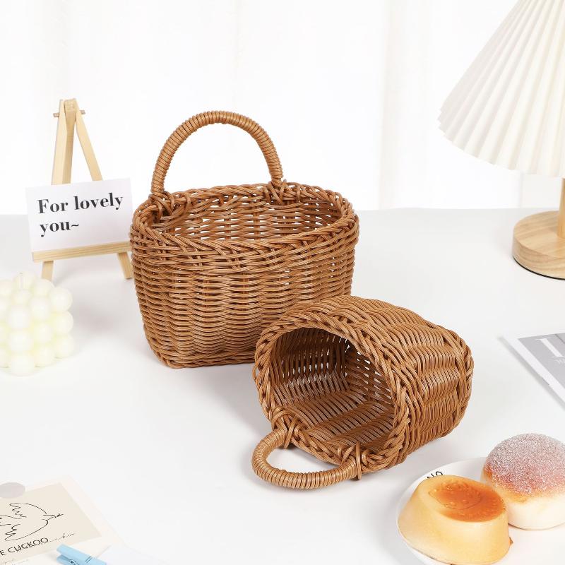 Imitation Rattan Kitchen Storage Basket Brown With Handle Hand-Woven Hanging Baskets Vegetable Fruit Flower Sundries Organizer