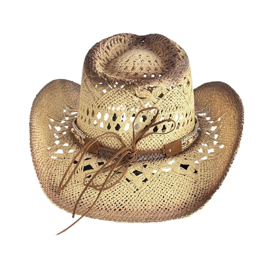 (One Size, Khaki) Men Women Beach Hat Breathable Western Style Cowgirl Straw Hat Stylish Wide Brim Sun Hat
