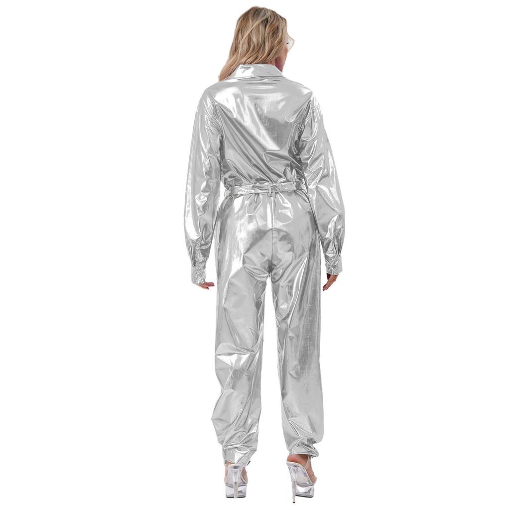 Damski Błyszczący Kombinezon Body Metaliczny Kombinezon Długi Rękaw Kołnierzyk Klapowy Wysoka Talia Kostium na Imprezę Halloweenową