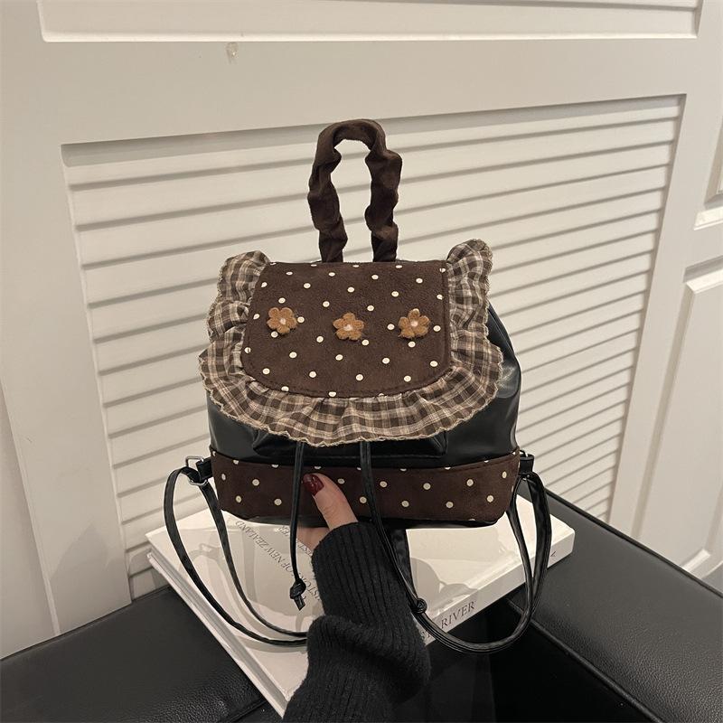 

Polka Dot Floral Patchwork Design Backpack for Women Versatile Sweet Girls Drawstring Shoulder Bags Lightweight Travel Handbag кофейный