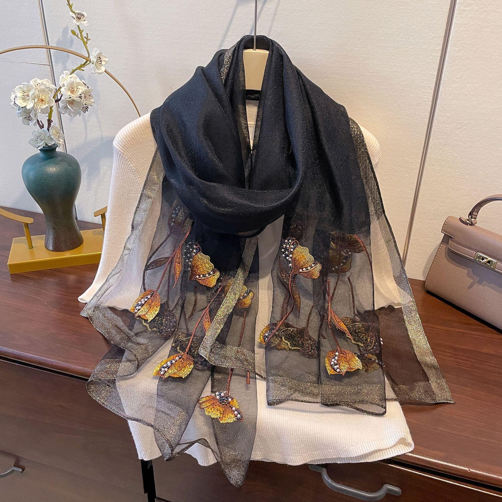 

Весенне-летний шелковый шарф, осенне-зимний тонкий шарф, женский модный шарф с вышивкой бисером, высококачественная шаль 180*70cm чёрный