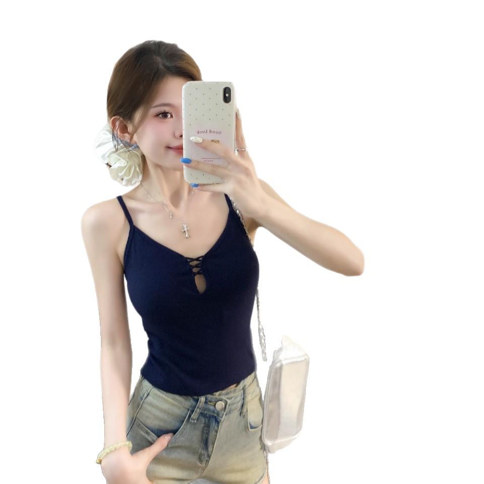 #Summer new pure desire wind hollow cross splicing sling vest female slim fixed with chest pad top