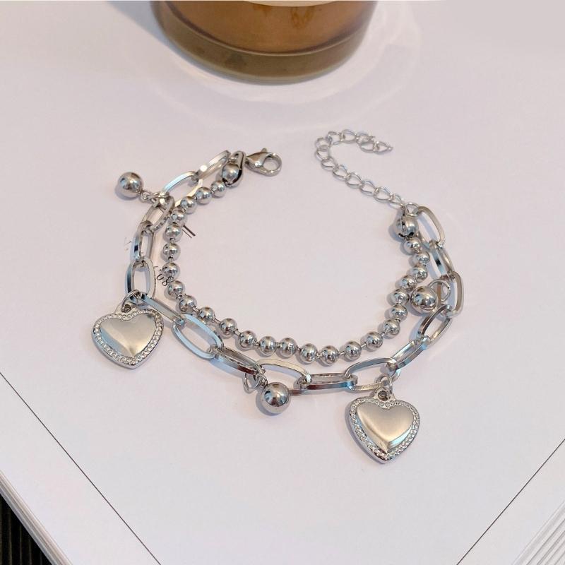 Korean Styles Double Layer Heart Tassels Bracelet Sturdy Alloy Beaded Bangle for Women Hiphop Fashion Jewelry Gift