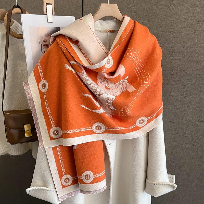 Luxury Winter Faux Cashmere Scarf for Women Fashionable Thickened Little Horse Design European And American Style Warm Shawl