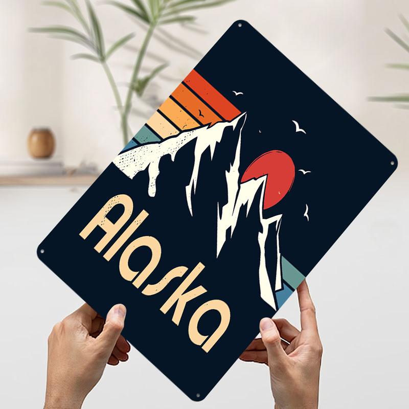 Alaska Mountain Sunset Retro Illustration Printed Poster Customized Wall Art Retro Vintage Metal Tin Signs for Home House Decor
