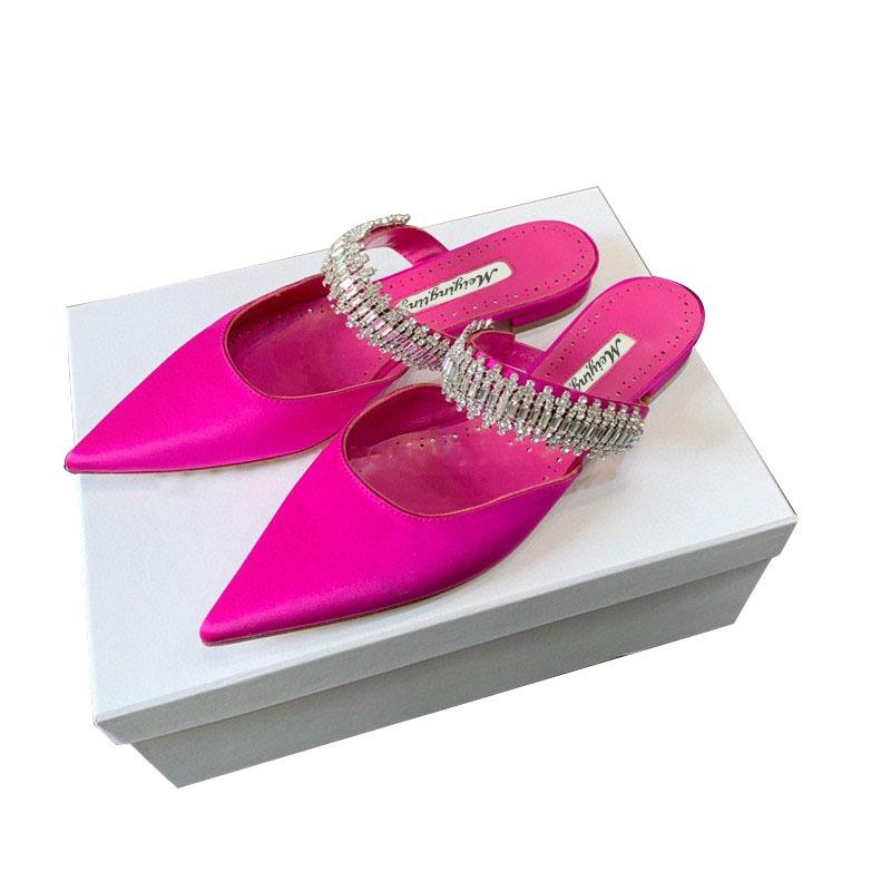 Fashion Women's High Heels Temperament Baotou Silk Rhinestones Muller Slippers Pointed Stiletto Pumps