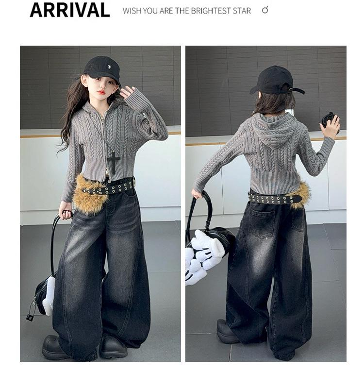 Girls' Autumn 2025 Korean Style Hooded Cardigan & Jeans Set