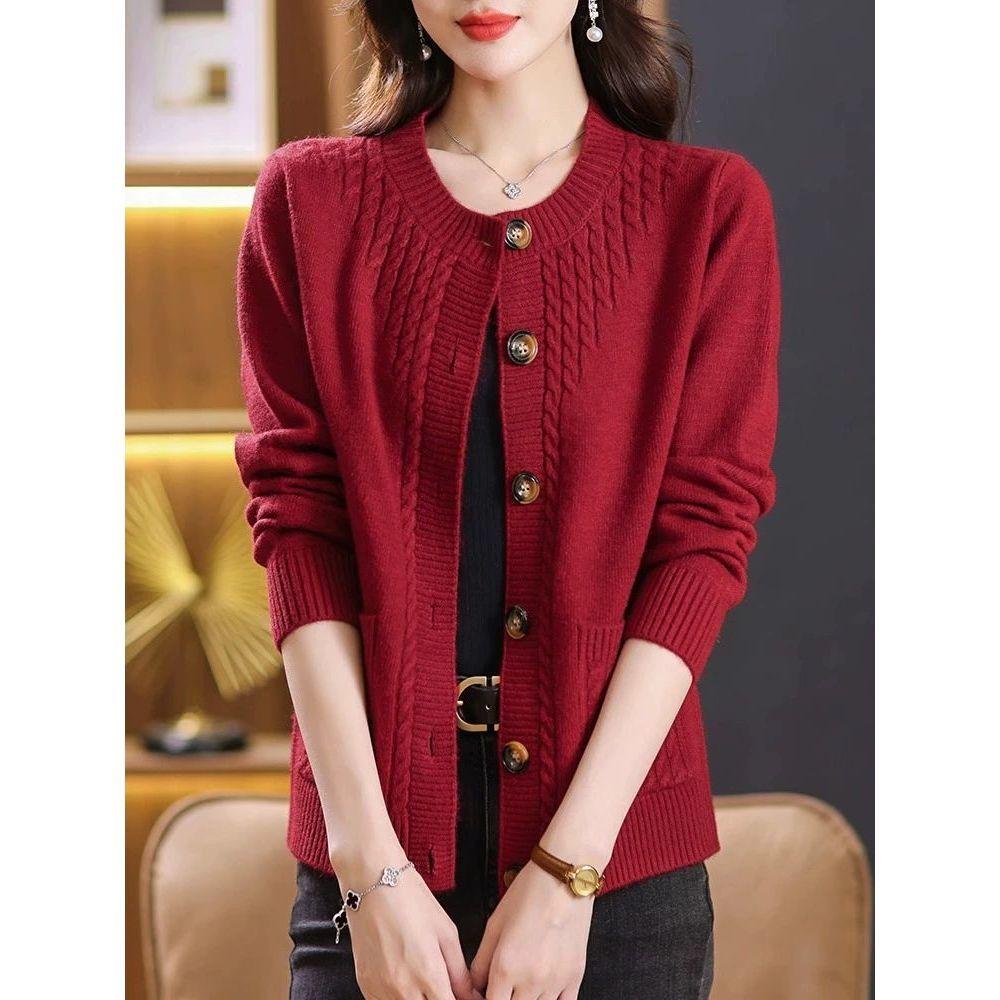 Rundhals-Pulloverjacke Damen Frühling und Herbst Lockerer Oberteil Übergröße Western-Stil Kurze Strickjacke