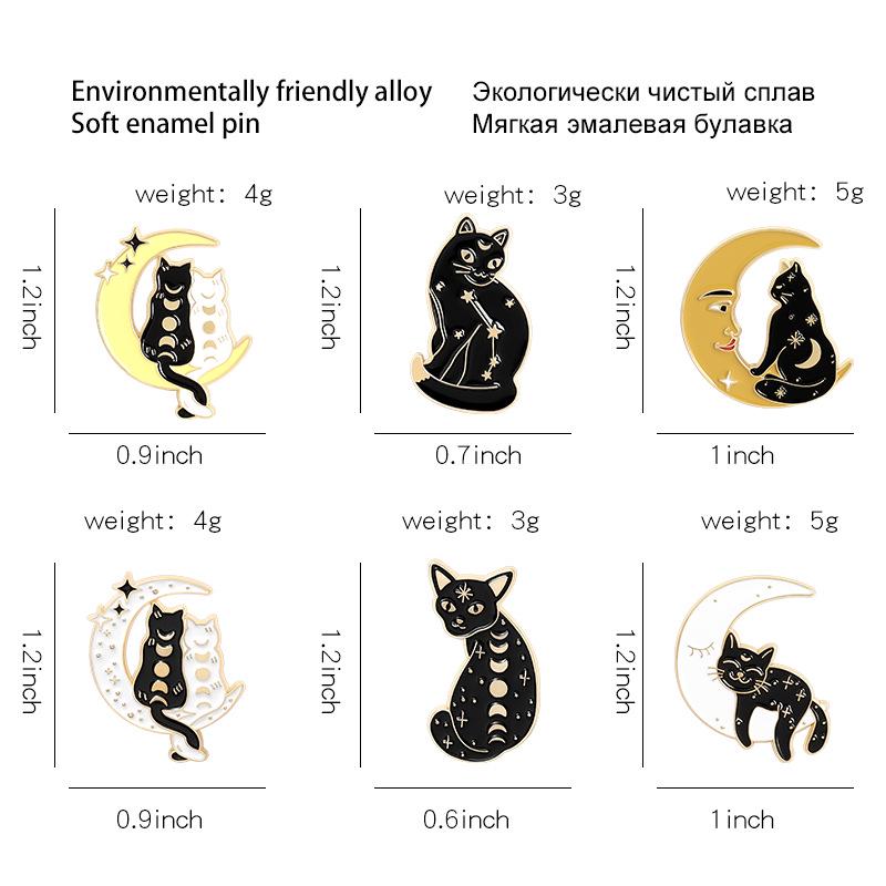 Süße Cartoon Schwarze Katze und Mond Emaille Brosche Pin