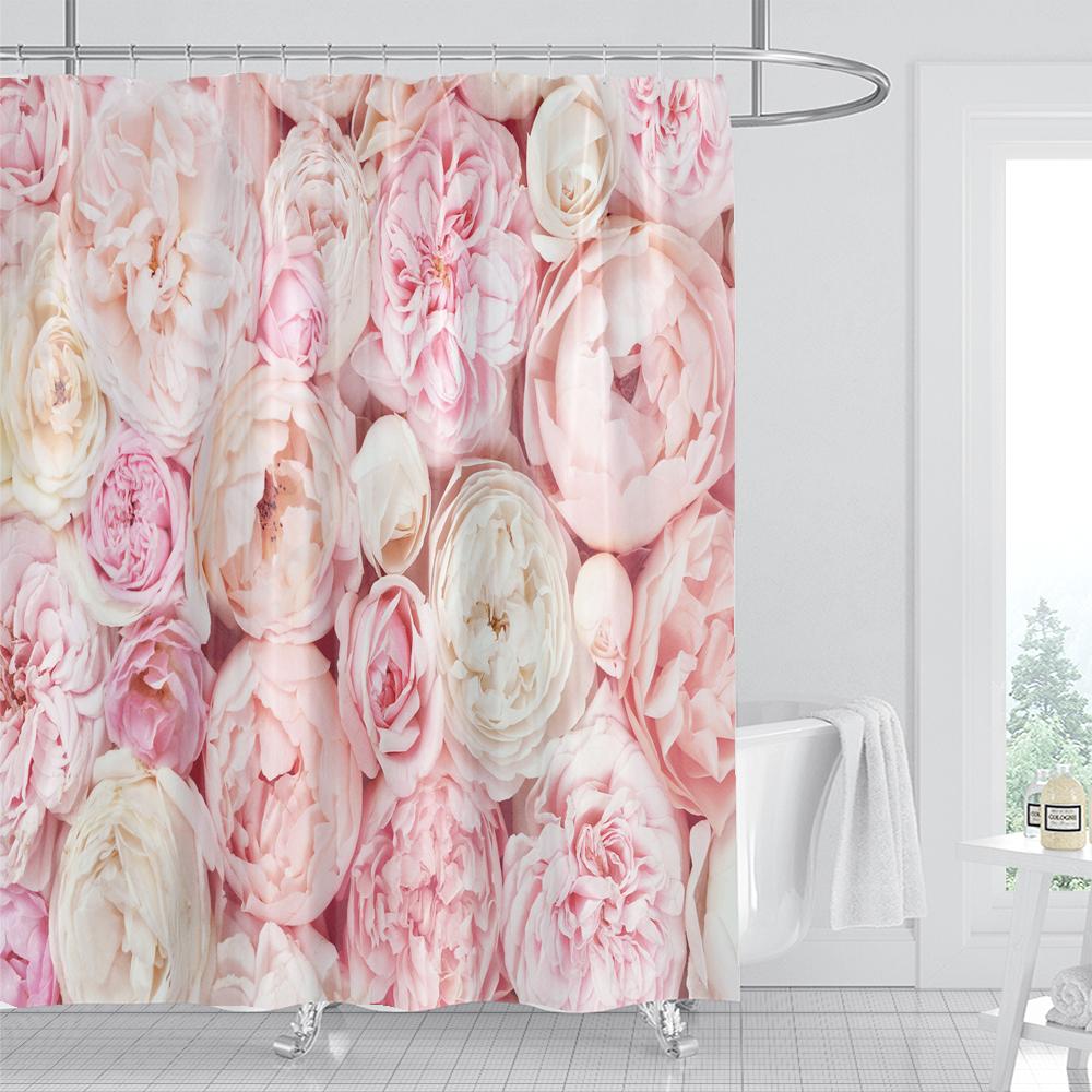 1Pcs Pink flower printing waterproof shower curtain,  Rose flowers wall bathroom decorative curtain with plastic hooks