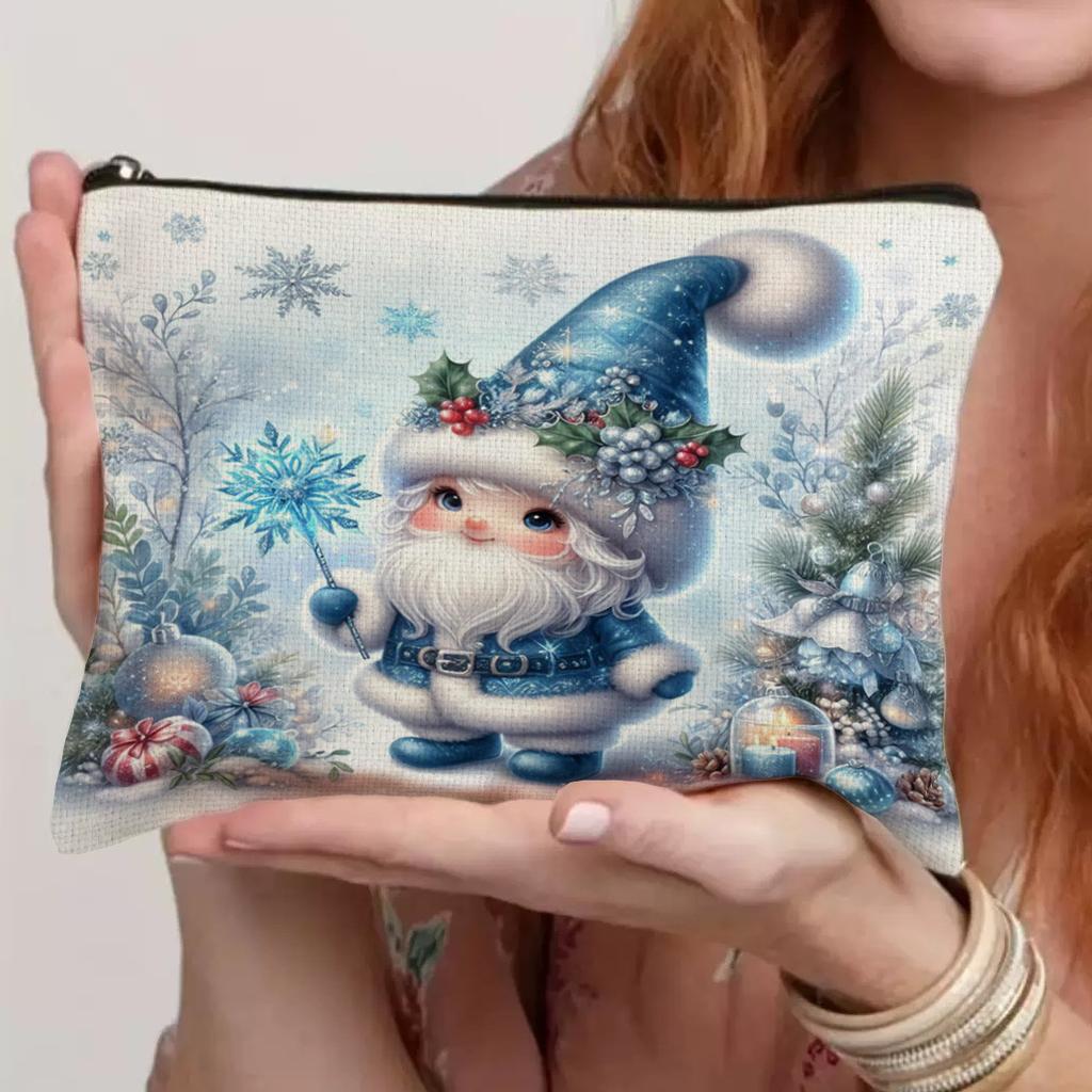 Christmas Gnome Makeup Bag Watercolor Snowflake Pouch Portable Storage Organizer Women Girls Travel Toiletry Bag School Pencil Case Holiday Xmas Gift