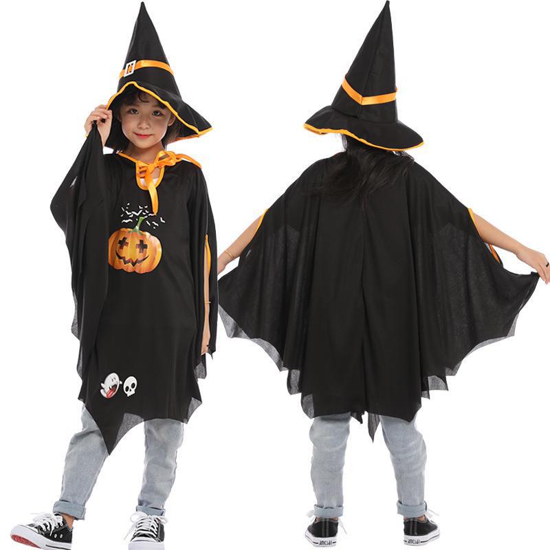 Dětský kostým čarodějnice: Halloweenská sada pláště a čepice s motivem dýně