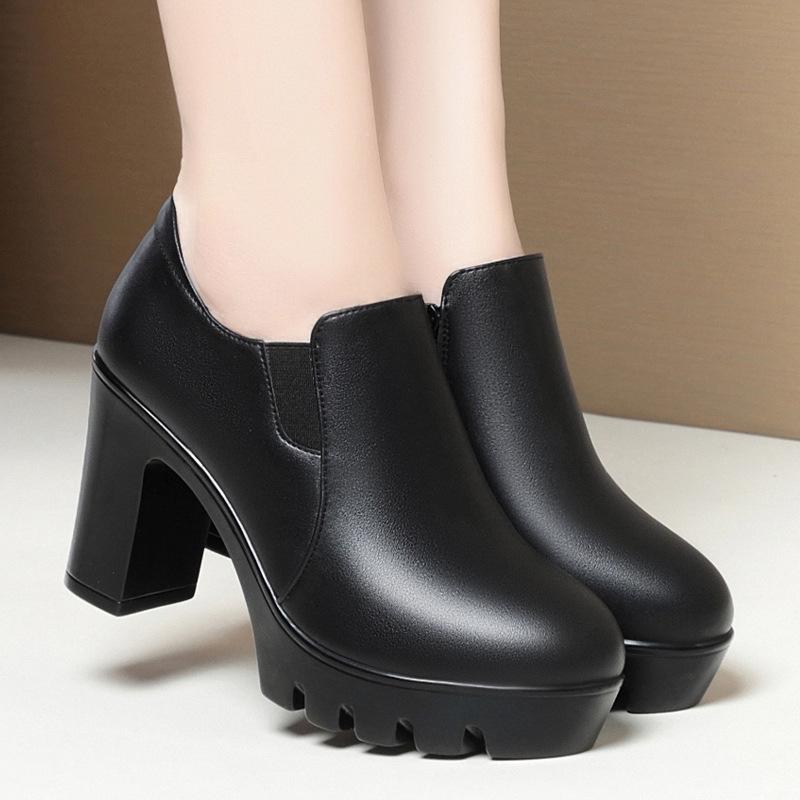 Women's Chunky Heel Platform Loafers - 2024 Spring/Autumn, Round Toe, Leather, Slip-On, Waterproof.