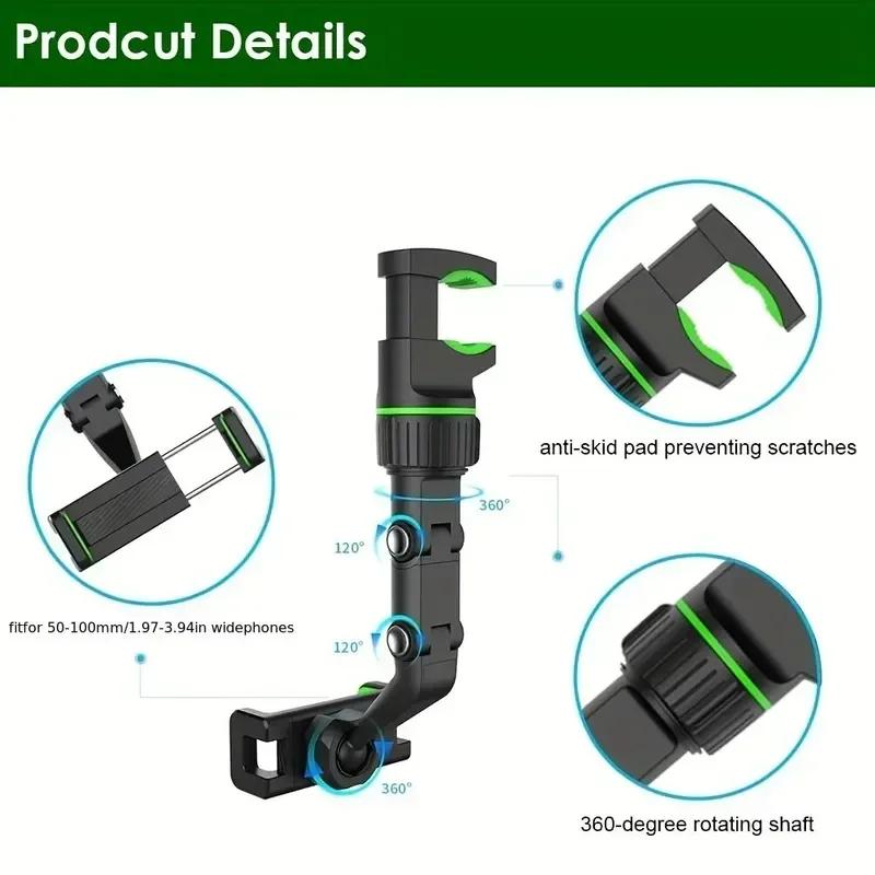 360° Rotatable Car Phone Mount - Retractable Rearview Mirror Holder with Multi-Angle Adjustment