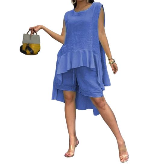 

Women s Cotton Linen Two Piece Set Irregular Ruffle Hem Sleeveless Top Drawstring Shorts Set Summer Casual Outfit S синий