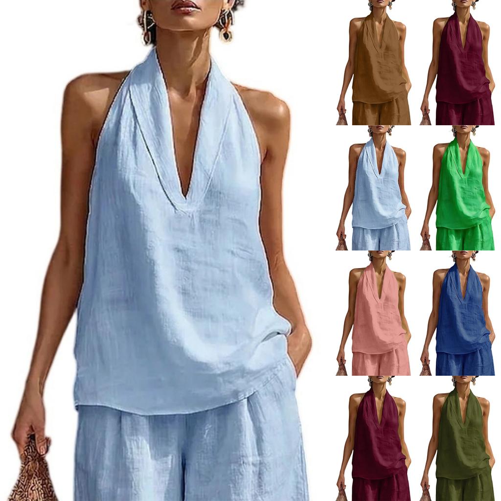 Dameslosse Pasvorm V-hals Halterhals Mouwloos Effen Kleur Katoen Linnen Tanktop Zomer Casual Blouse