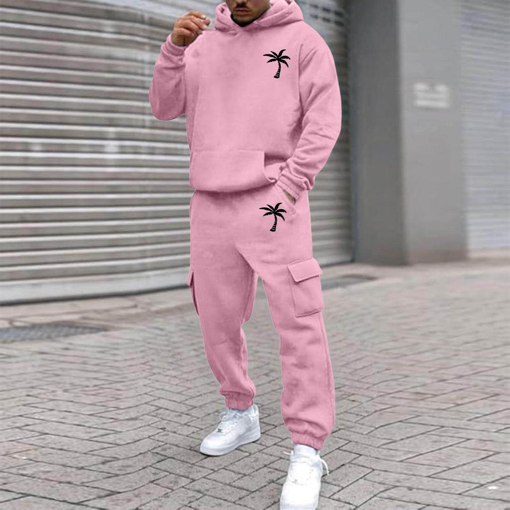 Men's Plus Size Hooded Sweatshirt and Sweatpants Set with Palm Tree Print Fleece Lined Loose Fit for Outdoor Sports and Casual Wear