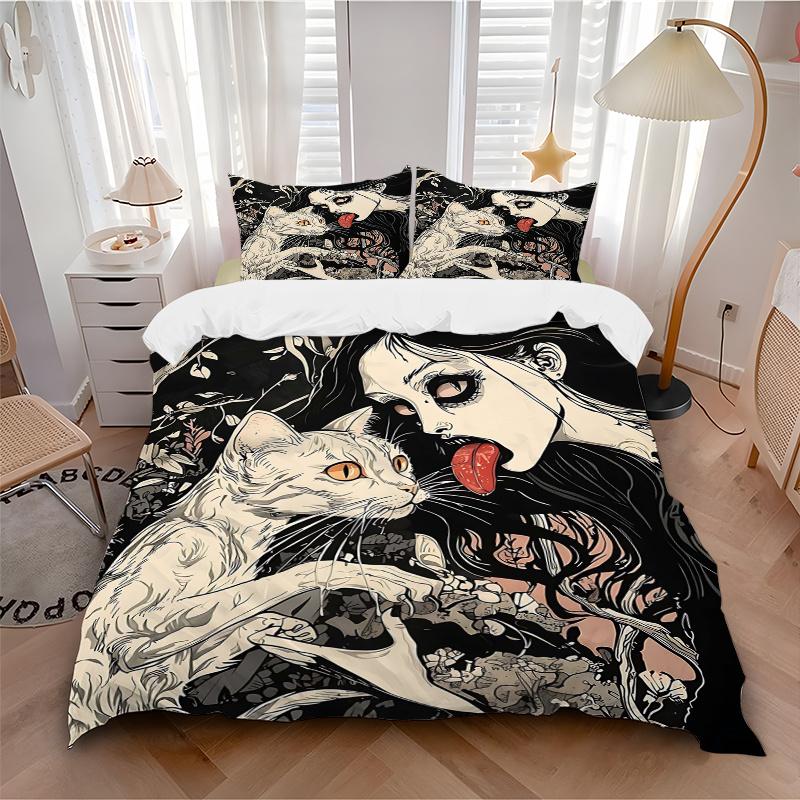 3pcs Whispering Whiskers Woman and Her Cat Printed Bedding Set, Soft and Comfortable Quilt Cover for Bedroom, Guest Room (1 Duvet Cover + 2