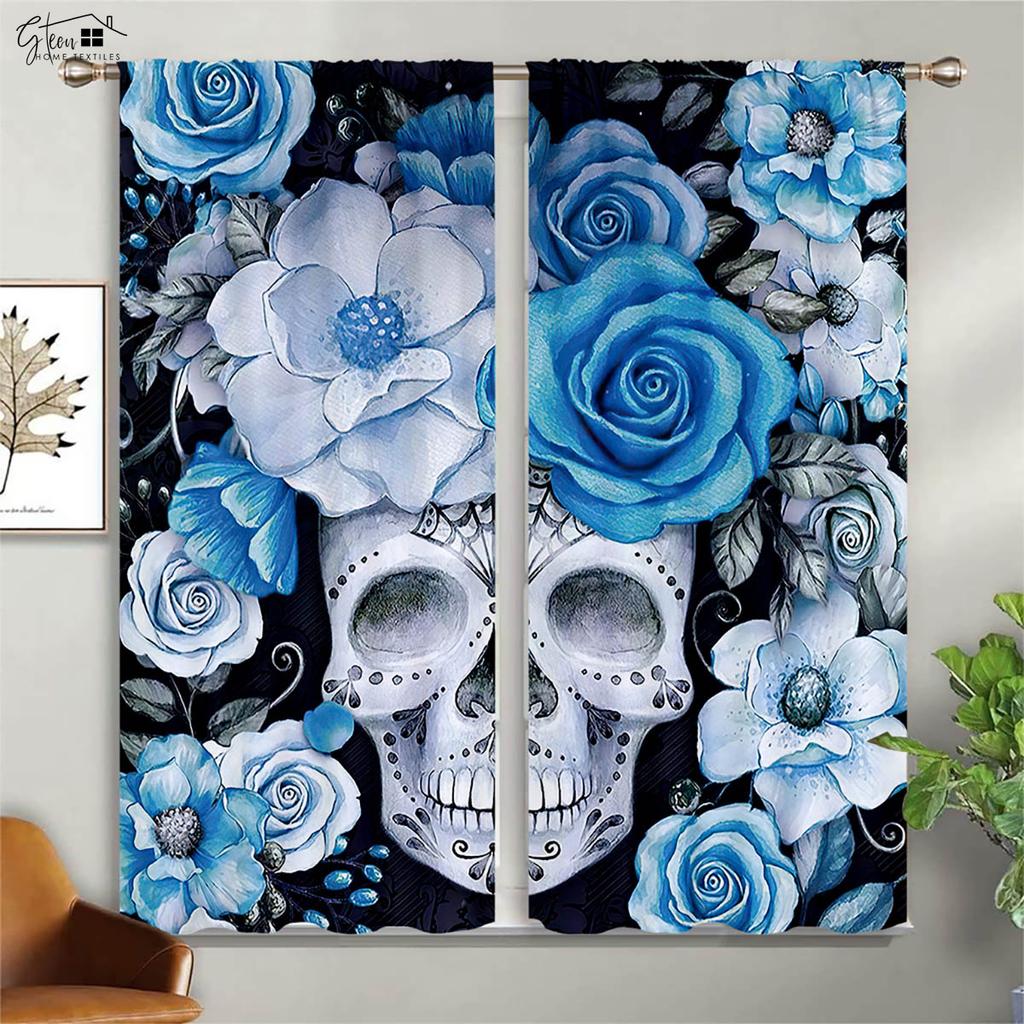 Blackout Insulation Curtains Floral Skull Print Curtains Suitable for Halloween Restaurant Living Room Party Decoration Curtains