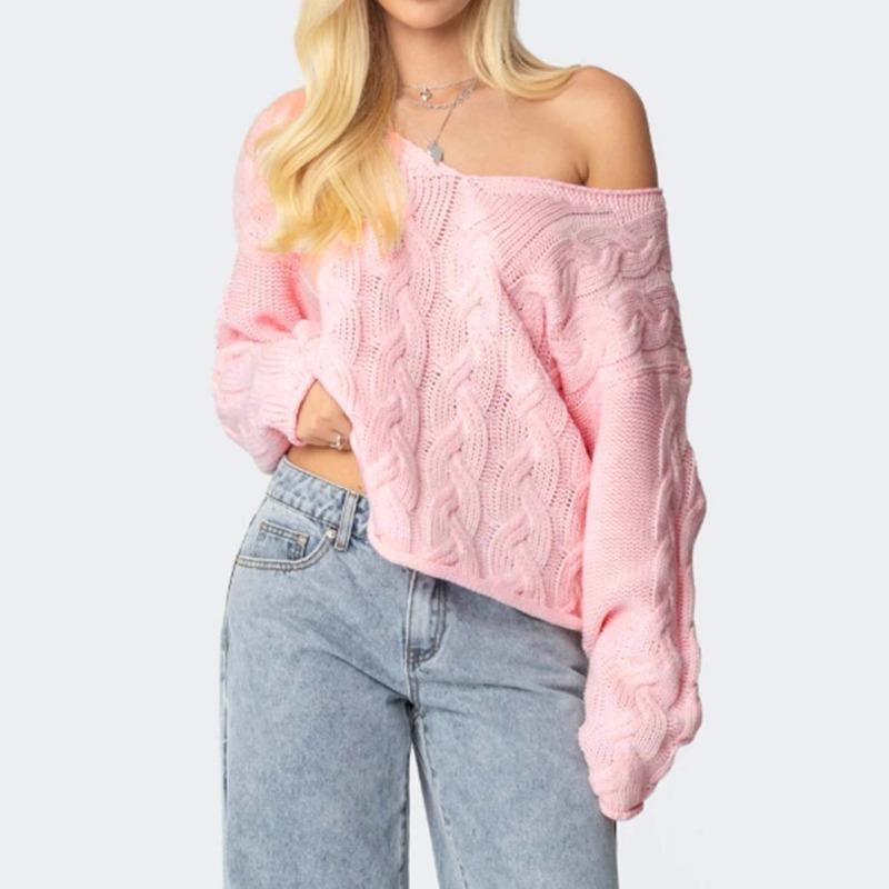 Neuer Herbststil Einfarbig Lockerer Lässiger Stil V-Ausschnitt Zopfstrick Pullover Damenoberteil