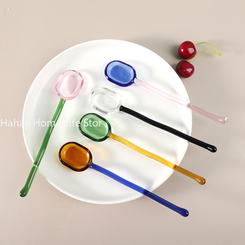 

1pc Glass Spoon Solid Color High Temperature Resistant Spoon Creative Long Spiral Handle Juice Coffee Extended Spoon DIY