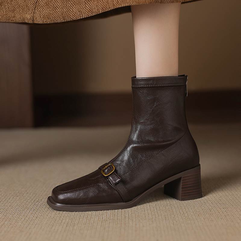 Krazing Pot Microfiber Square Toe Thick Heels Chelsea Boots Size 42 Zip Women Metal Buckle Elastic Ankle Boots