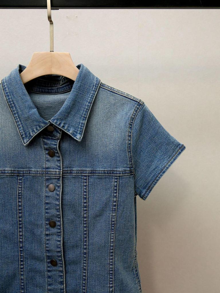 High-End Damen Herbst Französischer Chic Umlegekragen Schlankmachendes Denim-Oberteil