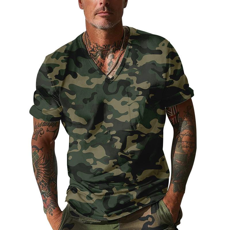 

V-neck Slim Sexy Camo Casual Sports Trend Men s T-shirt XXXL