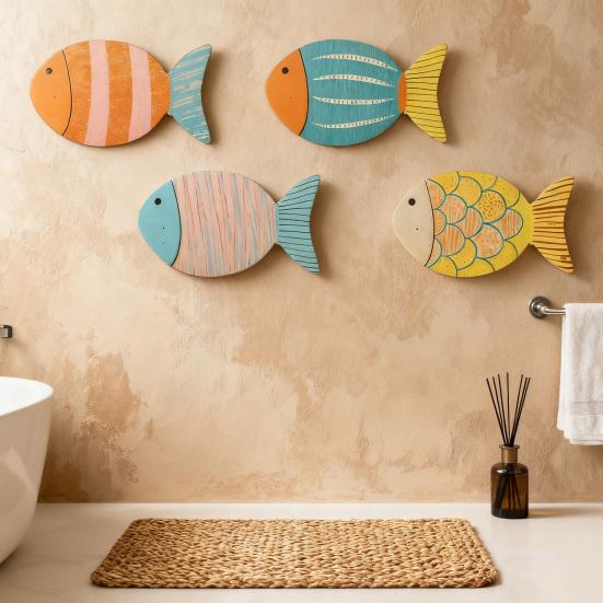 4 Pcs Wood Fish Nautical Beach Wall Decor Coastal Ocean Theme Wooden Fish Wall Art Rustic Lake House Wall Sculpture for Living Room Bedroom Bathroom