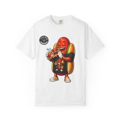 Hot Dog Character Eating Hotdog T-Shirt and Kids Shirt | Cheeky "65 Dollars" Back Print