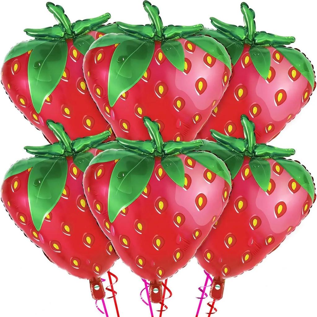 6 Strawberry Shaped Aluminum Film Balloons Girls' Birthday Wedding Summer Fruit Theme Party Decoration