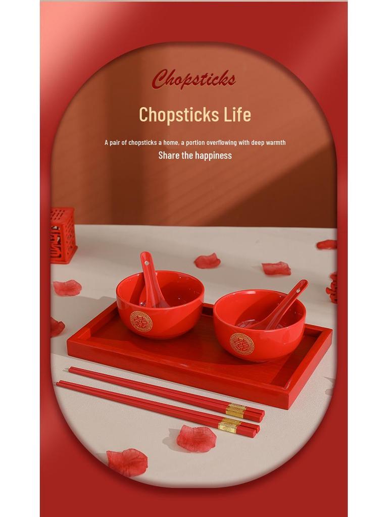 Chinese Wedding Red Bowls & Chopsticks Set: Bride Dowry Gift Pair